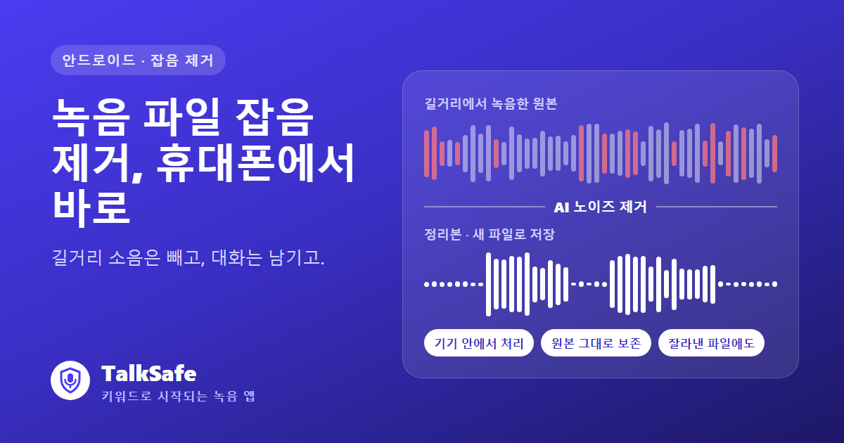 길거리에서 녹음한 잡음 많은 파형이 TalkSafe의 AI 노이즈 제거 후 대화만 남은 파형으로 바뀐 모습. 기기 안에서 처리되고 원본은 그대로, 정리본은 새 파일로 저장된다.